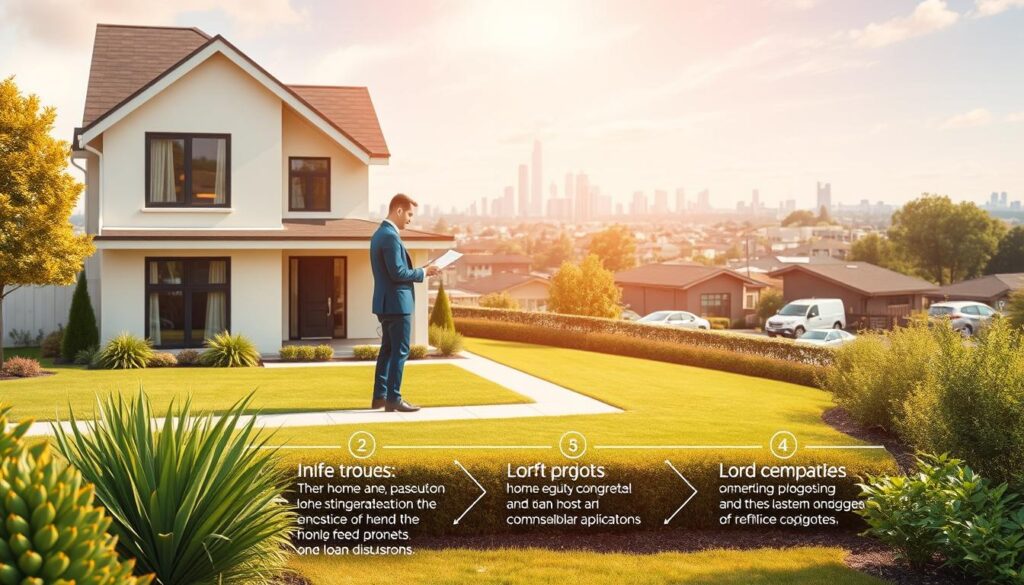 a detailed illustration of the home equity investment process, showcasing a modern residential house with a well-manicured lawn and lush greenery in the foreground. In the middle ground, a financial advisor is shown discussing paperwork and documents with a homeowner, demonstrating the consultation and application process. The background features a cityscape or suburban neighborhood, reflecting the broader context of the investment decision. The scene is bathed in warm, natural lighting, creating a sense of comfort and trust. The overall composition conveys the step-by-step flow of the home equity investment process, from the initial home evaluation to the final approval and loan disbursement.