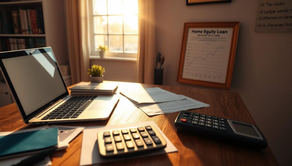 a detailed still life scene of a home office desk with a laptop, paperwork, and a calculator, all arranged in an organized and professional manner, illuminated by warm, natural lighting streaming through a window in the background, creating a sense of productivity and financial responsibility, with a wooden frame hanging on the wall displaying a graph or chart illustrating the potential tax benefits of a home equity loan