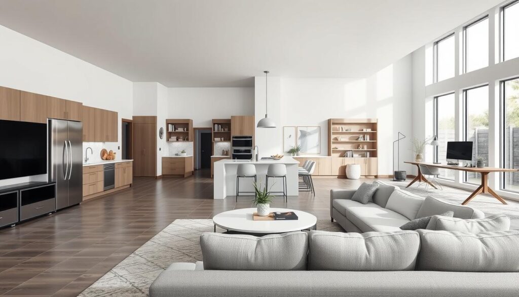 a high-quality, photorealistic image of a modern home interior undergoing a renovation project focused on increasing equity. the foreground showcases an open-concept living room with sleek, minimalist furniture and large windows letting in natural light. the middle ground features a kitchen with new stainless steel appliances, quartz countertops, and a central island. the background depicts a home office space with built-in shelving and a large desk, suggesting versatile living spaces. the overall mood is bright, airy, and inspired, reflecting strategic renovations to boost home value. the scene is captured from an angle that highlights the spaciousness and flow of the reimagined home layout. a high-quality, photorealistic image of a modern home interior undergoing a renovation project focused on increasing equity. the foreground showcases an open-concept living room with sleek, minimalist furniture and large windows letting in natural light. the middle ground features a kitchen with new stainless steel appliances, quartz countertops, and a central island. the background depicts a home office space with built-in shelving and a large desk, suggesting versatile living spaces. the overall mood is bright, airy, and inspired, reflecting strategic renovations to boost home value. the scene is captured from an angle that highlights the spaciousness and flow of the reimagined home layout.