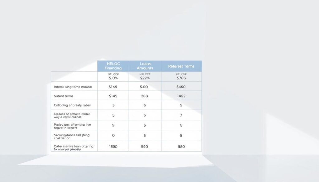 a high-resolution digital illustration of a comparison table showcasing different HELOC (Home Equity Line of Credit) financing options, depicted against a clean, minimalist background. The table should display key details like interest rates, loan amounts, repayment terms, and any other relevant information a homeowner might consider when exploring HELOC products. The overall composition should convey a sense of clarity and professionalism, allowing the viewer to easily digest and compare the various HELOC offerings. The lighting should be soft and diffused, creating a calm, informative atmosphere. The camera angle should be slightly elevated to provide an unobstructed view of the comparison table. a high-resolution digital illustration of a comparison table showcasing different HELOC (Home Equity Line of Credit) financing options, depicted against a clean, minimalist background. The table should display key details like interest rates, loan amounts, repayment terms, and any other relevant information a homeowner might consider when exploring HELOC products. The overall composition should convey a sense of clarity and professionalism, allowing the viewer to easily digest and compare the various HELOC offerings. The lighting should be soft and diffused, creating a calm, informative atmosphere. The camera angle should be slightly elevated to provide an unobstructed view of the comparison table.