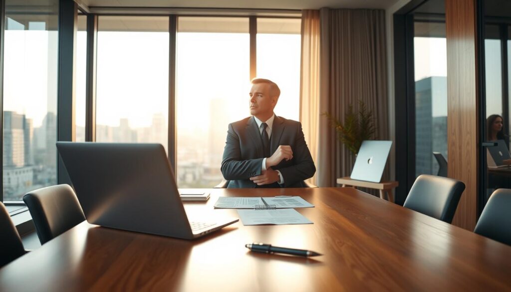 a modern, well-lit office interior with a large, polished wooden desk in the foreground, a laptop, pen, and papers arranged neatly on the desktop. In the middle ground, a middle-aged person in a suit is seated at the desk, engaged in thoughtful contemplation, hands clasped, looking off to the side. The background features large windows overlooking a cityscape, with the warm glow of the afternoon sun filtering in, creating a sense of tranquility and productivity. The overall mood is one of focused deliberation, as the subject weighs their investment options, leveraging the equity in their property to fund their financial strategies.